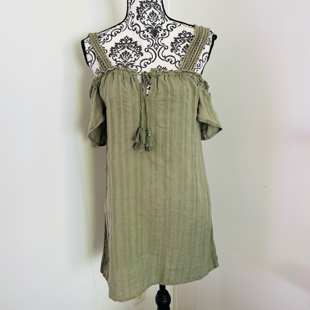 Aerie Women’s Green Off Shoulder Tasseled Cotton Cover Up Tunic Dress XS